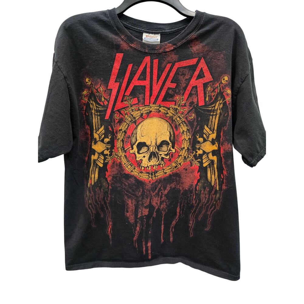 Vintage Y2K Slayer Skull Pentagram T-Shirt Hanes Heavyweight Tag L Double Sided